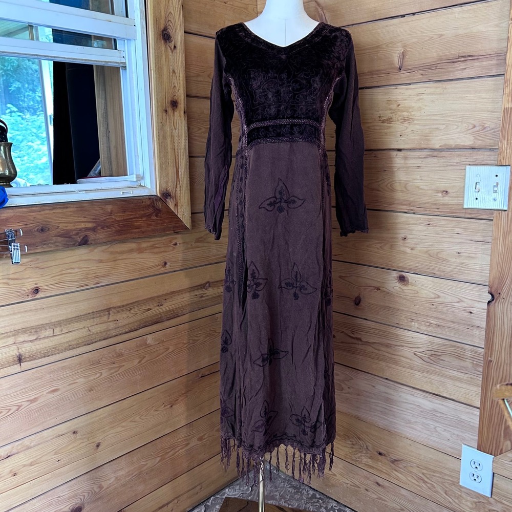 Vintage Maxi Dress Medium Brown Velvet Embroidered Beaded Fringe Grunge Turcan